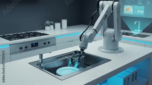 Futuristic Kitchen with Robotic Arm Washing Dishes in a Modern Smart Home