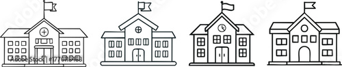 School building with flag line icon minimal outline representing education institution learning concept