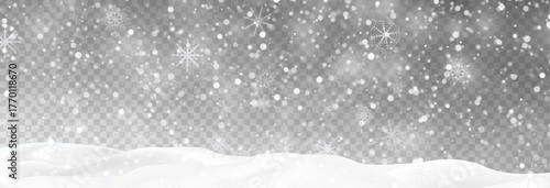 Snowdrifts, winter background for banners, advertising, and postcards. Winter landscape with snow-covered hills, falling snow, blizzard, snowstorm, vector, 3D effect.