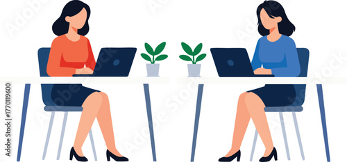 Two businesswomen collaborating and working on laptops at desks, seated and facing each other, with plants