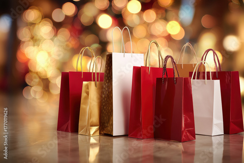 Assortment of red gold and white shopping bags with bokeh lights background retail consumerism