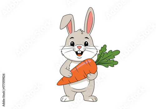 Adorable smiling rabbit character holding a big carrot, isolated on a white background.