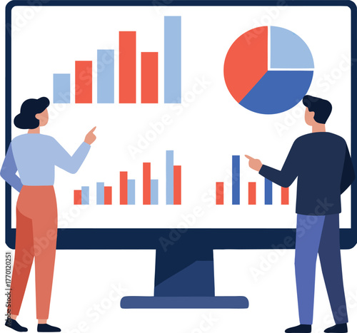 Two people analyzing charts and graphs on a large computer screen