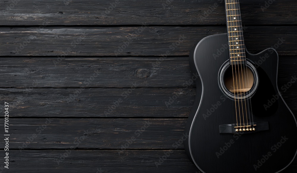 Obraz premium Black acoustic guitar leans against a dark wooden background. Close-up, with focus on musical instrument