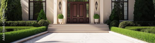 Luxury house entrance with manicured landscaping and classic front door. Copy space