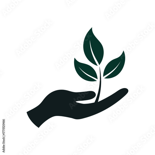 Minimal hand holding leaf eco care silhouette vector clean nature protection design on white background