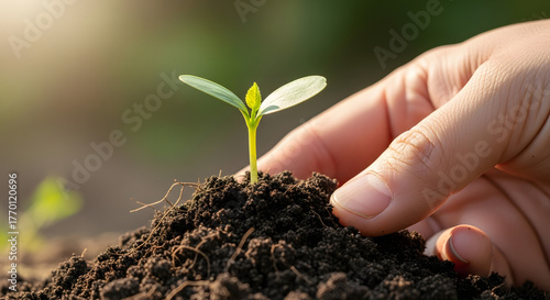 Close up of a hand tending to a small green seedling growing out of a mound of dark brown soil outdoors