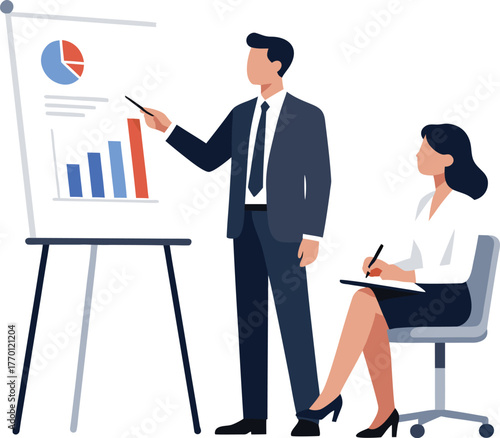 A businessman in a suit delivers a presentation, pointing at charts and graphs on a flip chart to a female colleague