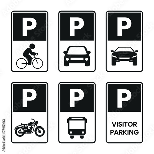 Parking sign set. Parking sign car, bicycle, motorcycle, bus, disabled person, campervan, visitor parking signboard. Vector illustration.