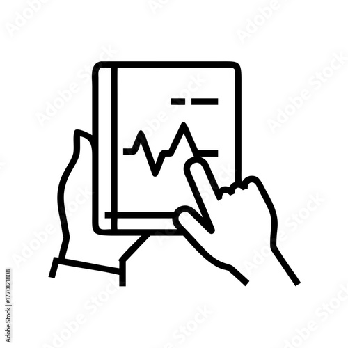 Doctor hand holding digital tablet showing health analytics and heart monitor.