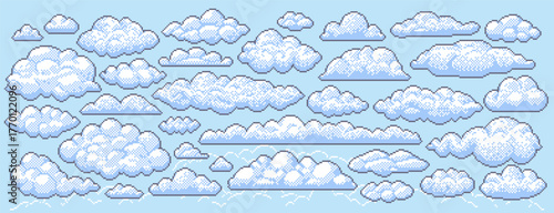 Pixel art clouds. Retro video game sky elements, pixelated cloud shapes and cloudy weather, blue sky cloudscape background. 8-bit puffy white clouds vector set