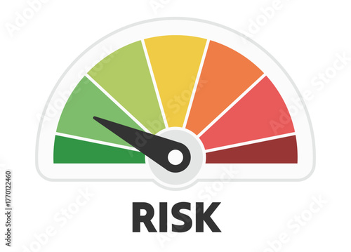 Low risk icon. Risk meter gauge with danger levels and measurement needle arrow. Investment risks measurement chart concept vector illustration 
