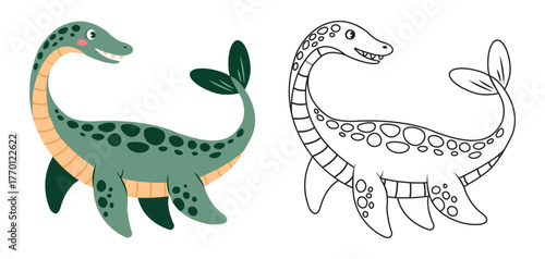 Coloring book cute dinosaur plesiosaurus isolated on a white background.  Vector illustration.