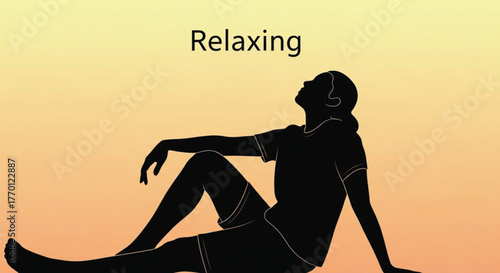 Vector Silhouette of a Person Sitting and Leaning Back Relaxing with Head Tilted Up, Featuring "Relaxing" Text on a Warm Gradient Background.