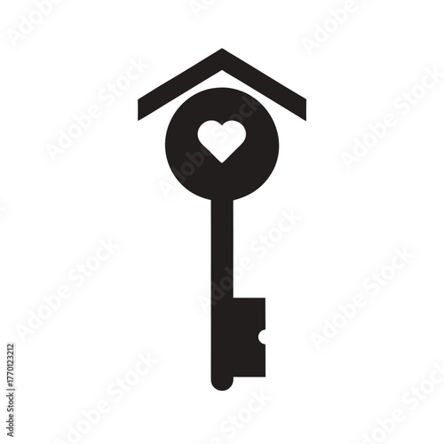 Simple house key with heart hole silhouette icon clean vector design for property and real estate symbol