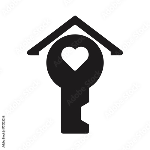 Simple house key with heart hole silhouette icon clean vector design for home security and love concept