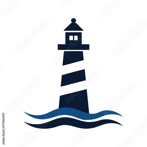 Simple lighthouse with waves silhouette vector icon on white background maritime safety symbol