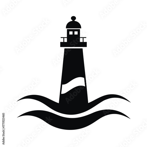 Simple lighthouse with waves silhouette vector icon on white background ocean and sea navigation