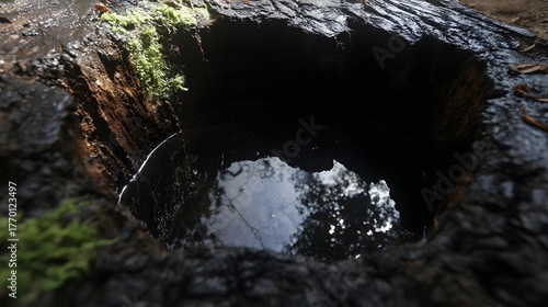 hollow. Hollow tree trunk collecting rainwater in a forest setting. ESG reports, sustainability campaigns, designed for sustainability communications and ESG reporting, drives climate awareness.