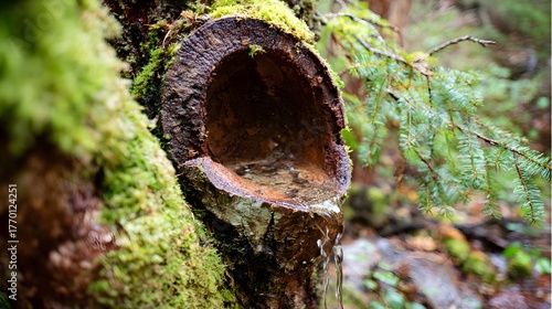 hollow. Hollow tree trunk collecting rainwater in a forest setting. ESG reports, sustainability campaigns, designed for sustainability communications and ESG reporting, drives climate awareness.