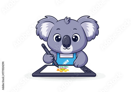 An adorable cartoon koala artist wearing a blue apron draws a yellow flower on a digital graphics tablet with a stylus.