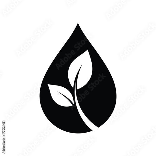 Simple water droplet with leaf eco symbol silhouette vector clean nature design on white background