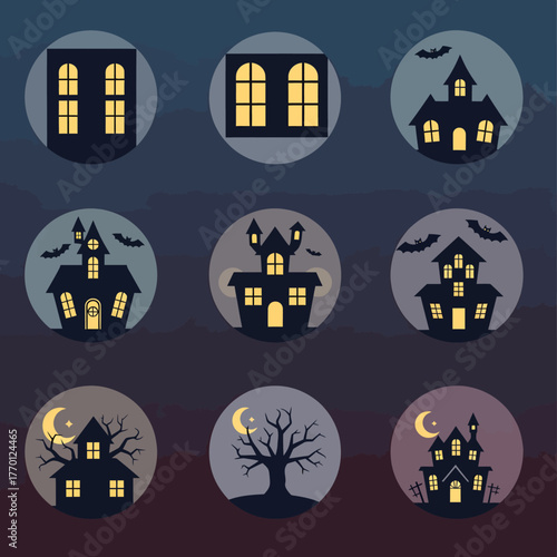 A collection of spooky Halloween-themed icons showing haunted houses, a dead tree, and bats under the moonlight