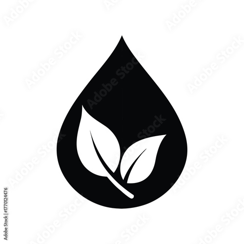 Simple water droplet with leaf eco symbol silhouette vector minimal environmental art on white background