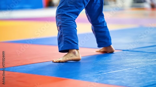 Barefoot Person Walking on Martial Arts Mat