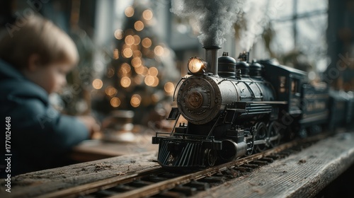 Child plays with classic model train emitting smoke on track beside warm sparkling Christmas lights.