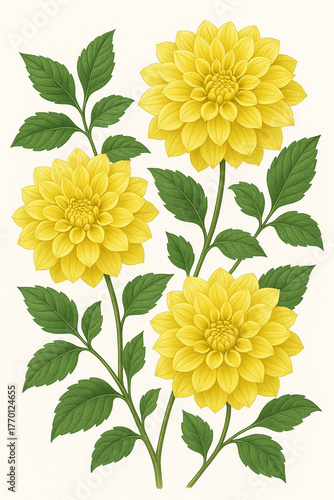 Illustration of Yellow Dahlia Flowers