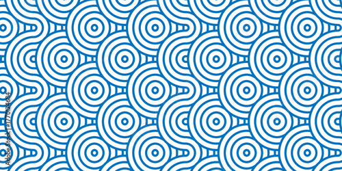 Abstract vector seamless pattern overlap blue waves geometric overlapping swirl layer vintage textile curl tile fabric texture background.	