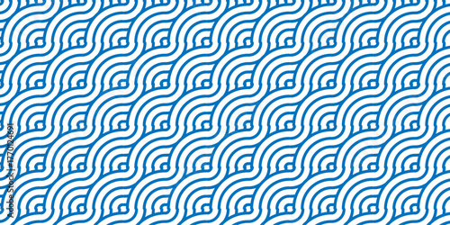 Abstract vector seamless pattern overlap blue waves geometric overlapping swirl vintage textile curl tile fabric texture background.	