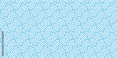 Abstract vector seamless pattern overlap blue waves geometric overlapping swirl vintage textile curl tile fabric texture background.	
