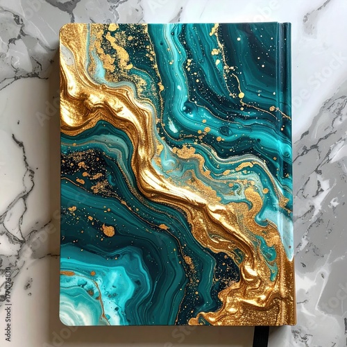 Swirled teal & gold art on a book