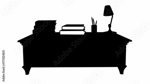 Elegant black silhouette of a writing desk with books, lamp, and stationery holder, perfect for studies, home offices, or academic designs, originally a scalable vector graphic