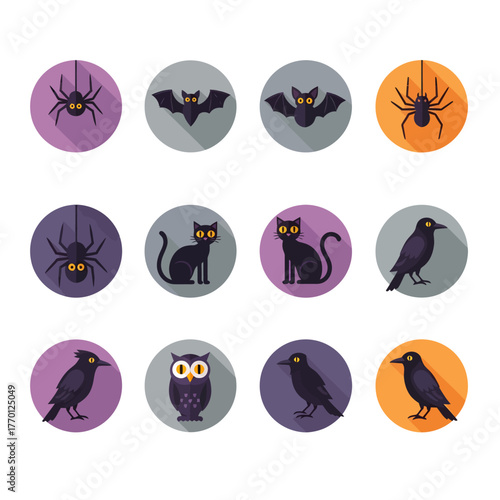 Collection of Halloween icons featuring spooky creatures like spiders, bats, crows, and owls on purple backgrounds
