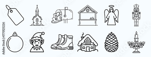 Minimalist black line art Christmas icon set: nutcracker, angel, elf, mailbox, church, market stall, pinecone, candle, boots, ornament, house, tag.