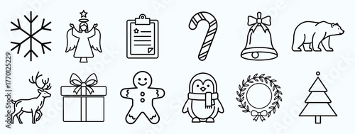 Minimalist Christmas line art icons: snowflake angel clipboard candy cane bell polar bear reindeer gift gingerbread penguin wreath tree