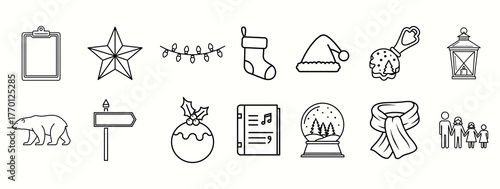 Christmas line art icons: clipboard star lights stocking Santa hat ice cream lantern polar bear sign ornament snow globe scarf family