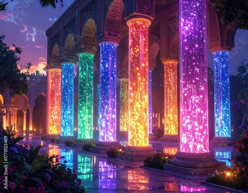 Illuminated columns at dusk in a garden