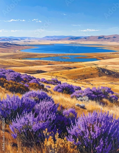Lake view from hill with purple flowers