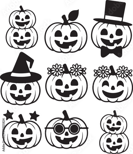 Festive Halloween Pumpkin Silhouettes Collection of Smiling Jack O Lanterns
