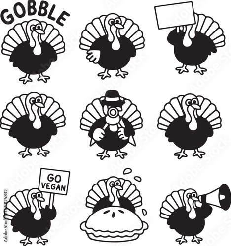 Humorous Turkey Cartoon Characters Thanksgiving Gobble Go Vegan Silhouettes