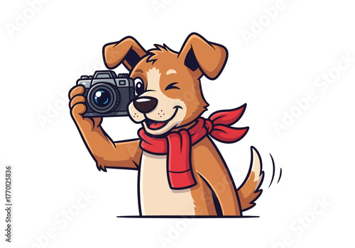 An adorable cartoon dog wearing a red scarf winks while holding a camera.