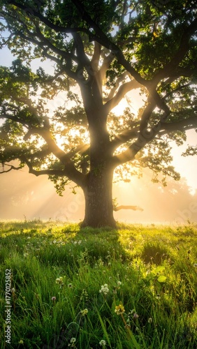 Giant tree lit by sunshine in grassy field