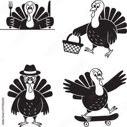 Turkey Silhouettes Collection: Eating, Basket, Fedora, Skateboard, Thanksgiving Theme
