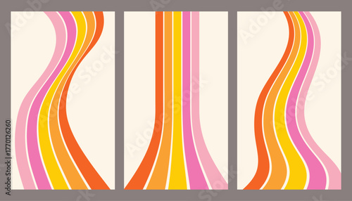 Retro rainbow line backgrounds. Groovy vintage 70s abstract flow for poster design. Perspective swirl dynamic stripes. Vector backdrops with parallel pink and orange waves