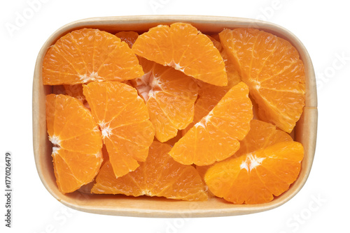 Fresh of mandarin orange segments in a brown paper box isolated on a transparent background. Top view shot