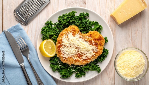 Breaded cutlet with kale, cheese, lemon